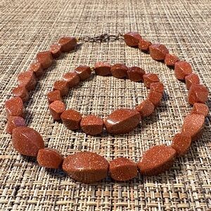 Chunky Gold Stone Bead Necklace & Bracelet Set Handmade Jewelry 16”